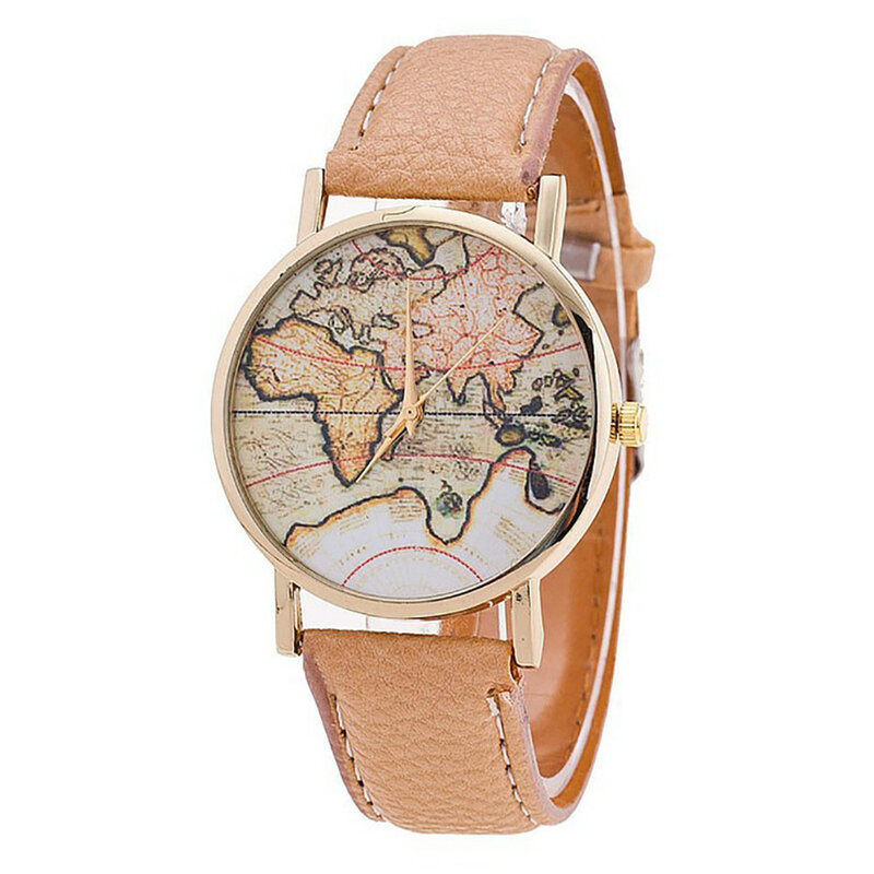 Reloj con diseño de mapa del mundo para hombre y mujer, cronógrafo de pulsera de cuarzo, analógico, sencillo, correa de cuero, Retro, 2019