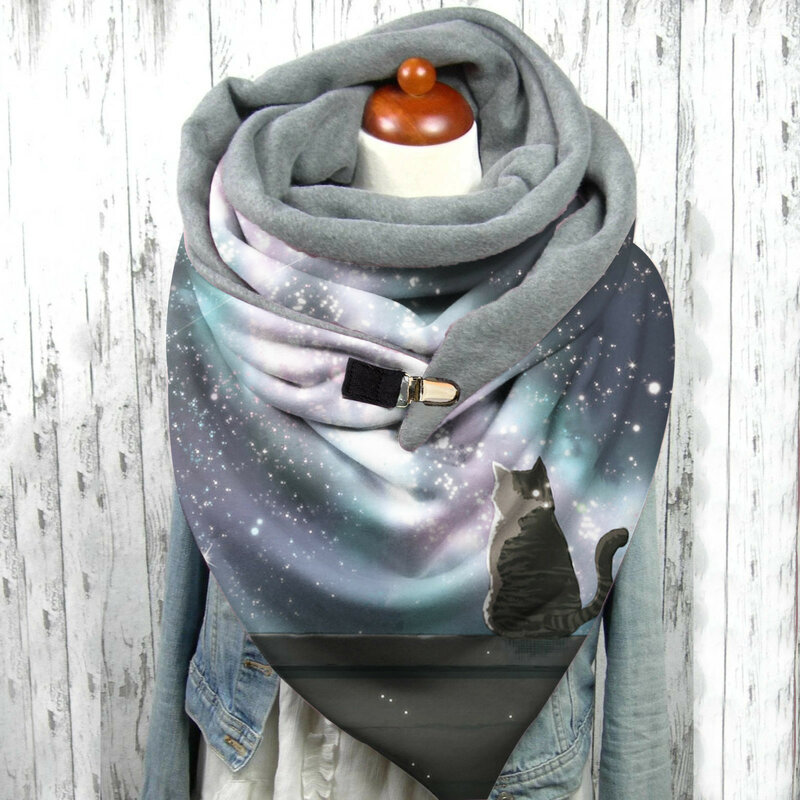 D 패션 여성 스카프 크리 에이 티브 고양이 인쇄 단추 소프트 랩 캐주얼 따뜻한 스카프 목도리 패션 레저 편안한 소프트 Шарф