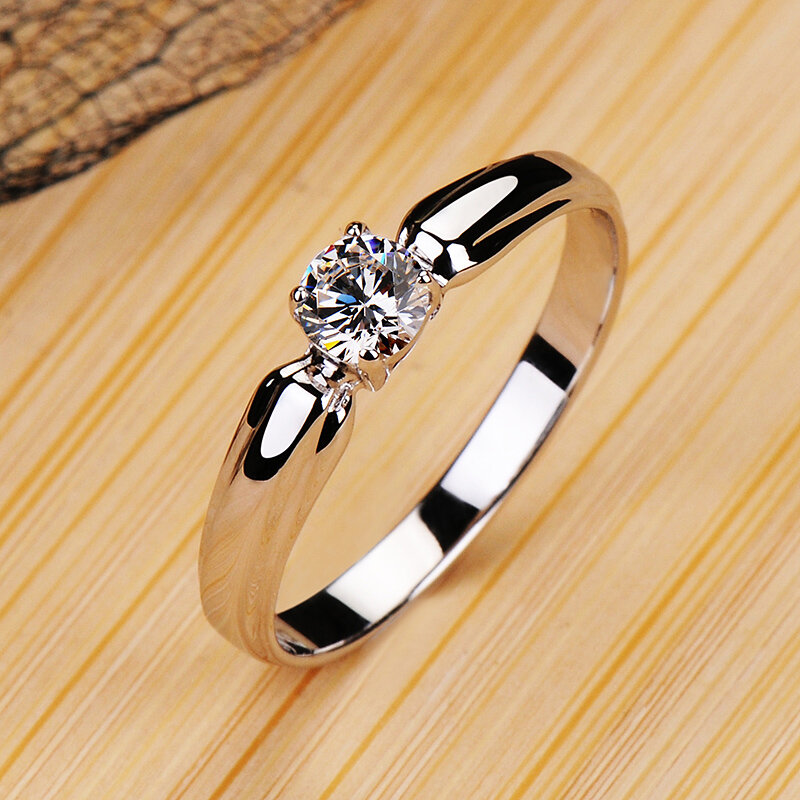 Luxo feminino pequeno anel de pedra redonda real 925 prata esterlina anel de noivado cristal solitaire anéis de casamento para mulher