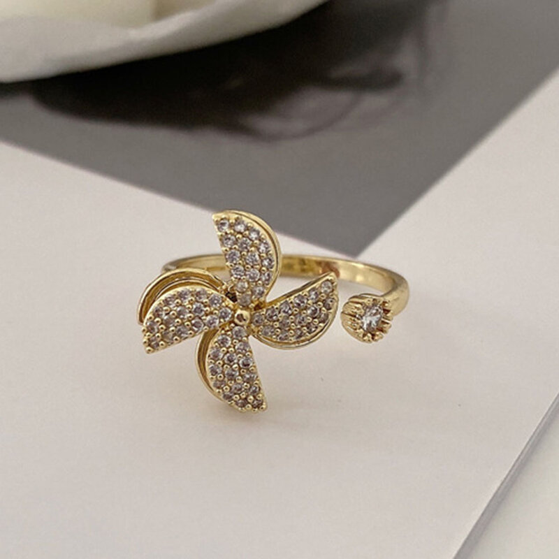 Lęk wiatrak pierścień kobiet wykwintne złoto srebro kolor obracanie cyrkon pierścienie Fashion Party urodziny prezent biżuteria rocznicowa