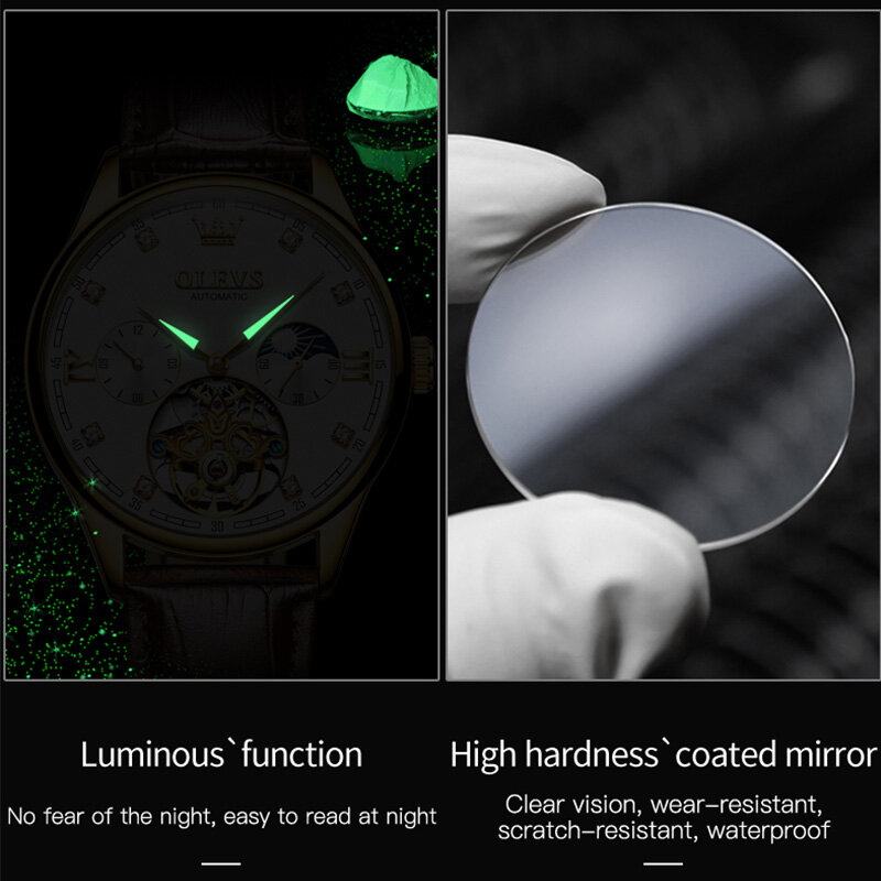 2021 OLEVS สินค้าใหม่ผู้ชายนาฬิกาดวงจันทร์ Sapphire กันน้ำ Multi-Function อัตโนมัตินาฬิกาหนังคู่3601