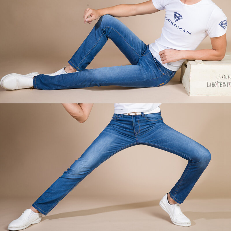 Brother Wang Celana Denim Ramping Elastis Kasual Bisnis Jeans Merek Pria Gaya Klasik Celana Panjang Pria Biru Muda Hitam