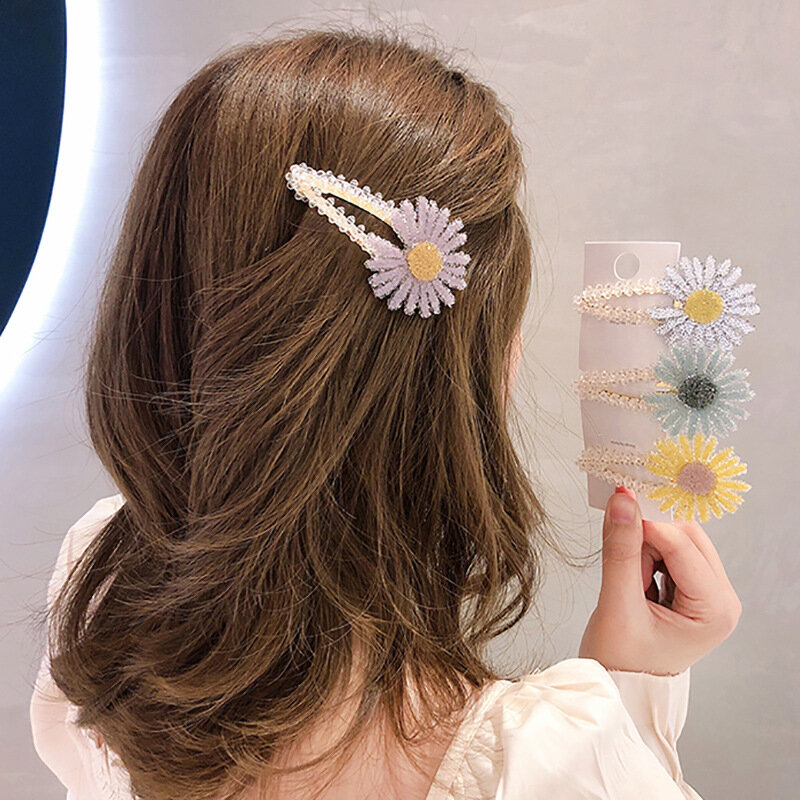 دبوس شعر مع عباد الشمس والزهور الصغيرة ، مشبك جانبي كريستالي ، دبوس شعر موري جيرل ، تسريحة شعر