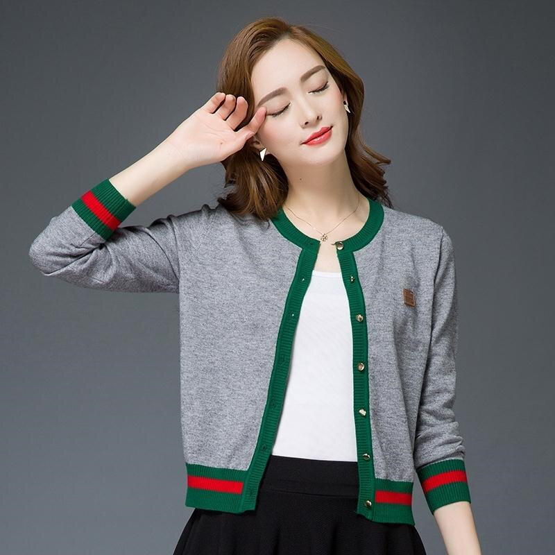 Women's Knitted Cardigan Contrast Color Round Collar Thin Short Sweater Wholesale Spring Autumn 2022 New Fashion Female Clothing