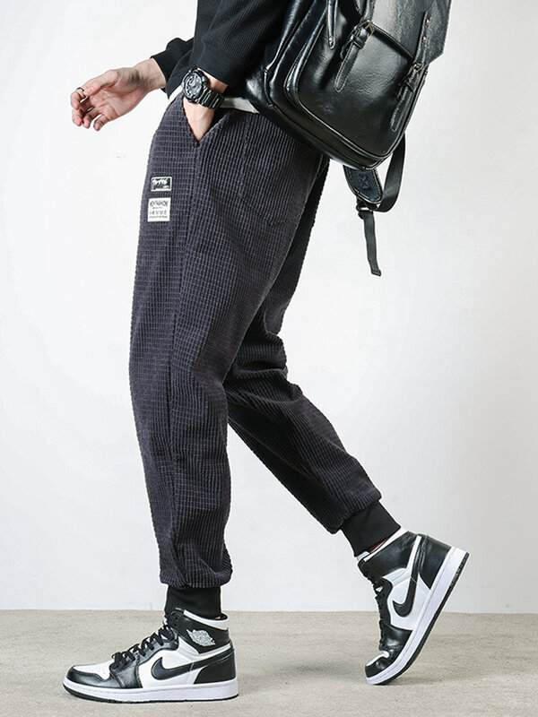 ZOENOVA-Pantalones informales de pana para hombre, pantalón harén con bordado de letras, ropa de calle de lana, color negro