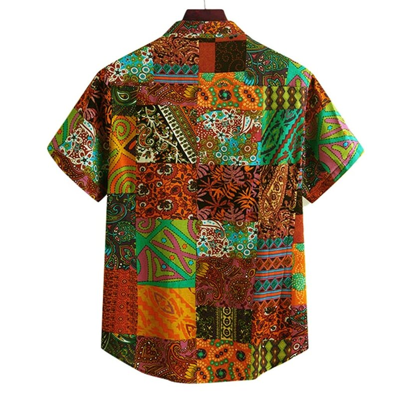 Fashion Men's Casual Button Hawaii Retro Print Beach Short Sleeve Top Blouse Camisa Turn-down Collar Shirt Men Camisas Hombre #3