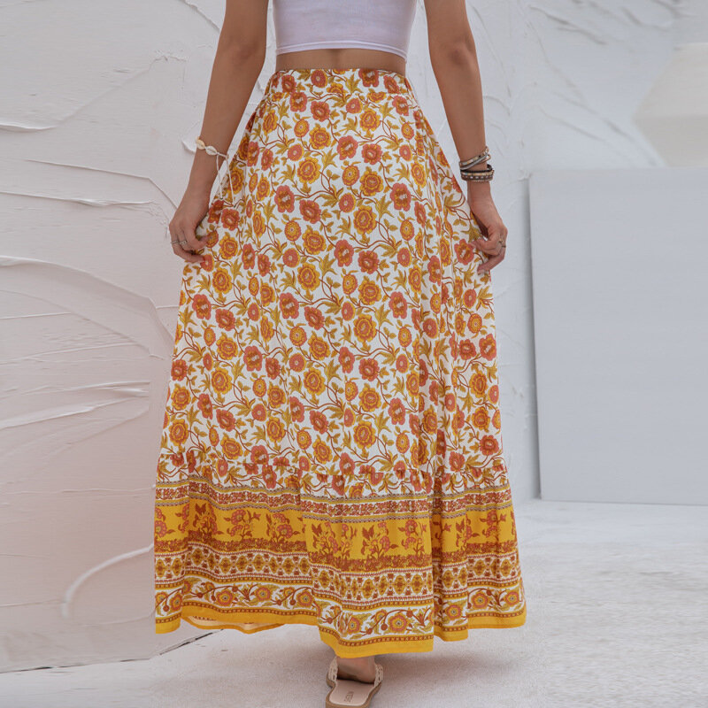 Длинные юбки для женщин, женские юбки с цветочным рисунком из хлопка в богемном стиле, элегантная женская юбка