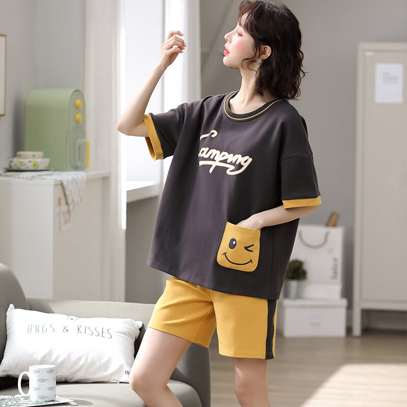 Pure Cotton Summer Pajamas Women's Blink Pocket Korean Style Short Sleeve Two-Piece Suit Thin Student Casual Homewear Spring and