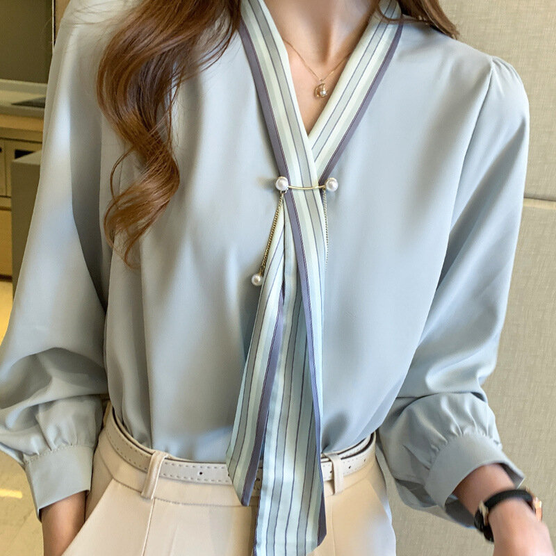 Yg Brand Women's 2021 Summer New Ribbon V-neck Fashion Shirt Long Sleeve Solid Color Chiffon Shirt