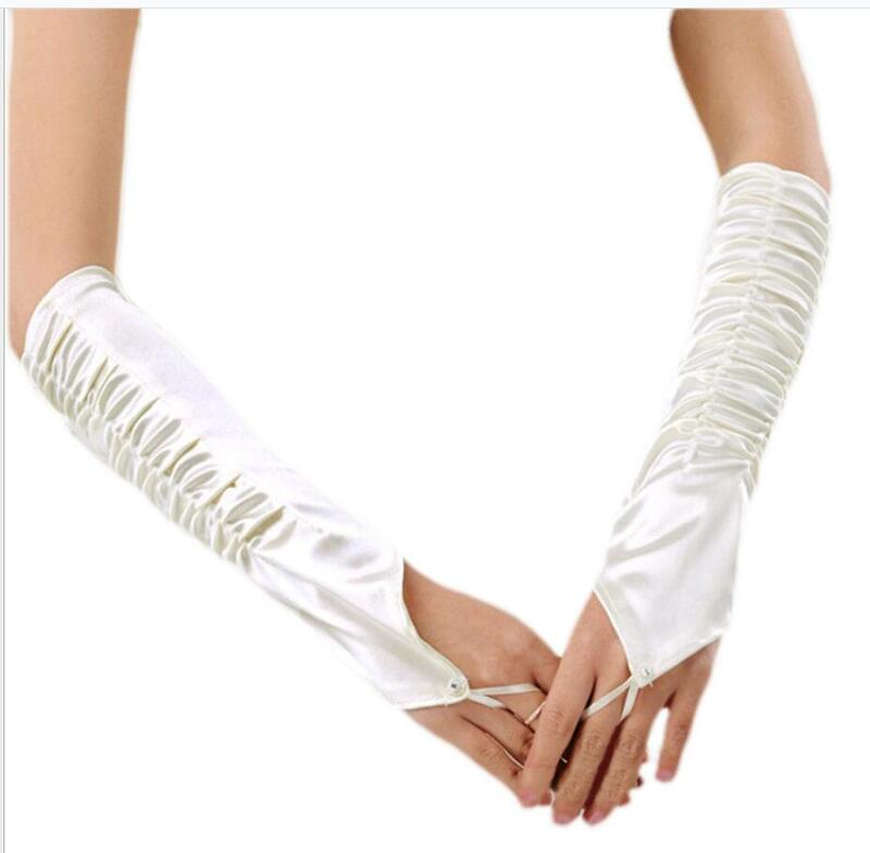 Перчатки женские атласные средней длины, без пальцев, с крючком и рюшами, свадебные аксессуары