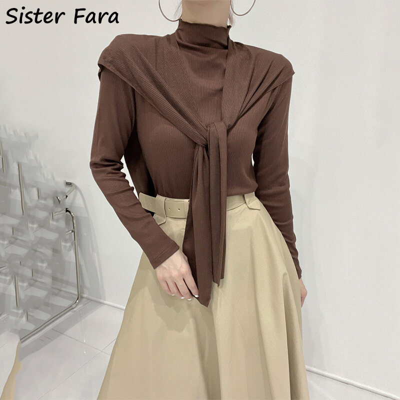 Женский трикотажный костюм Sister Fara, рубашка с коротким высоким воротником и свободная юбка с высокой талией и поясом, повседневный костюм из ...