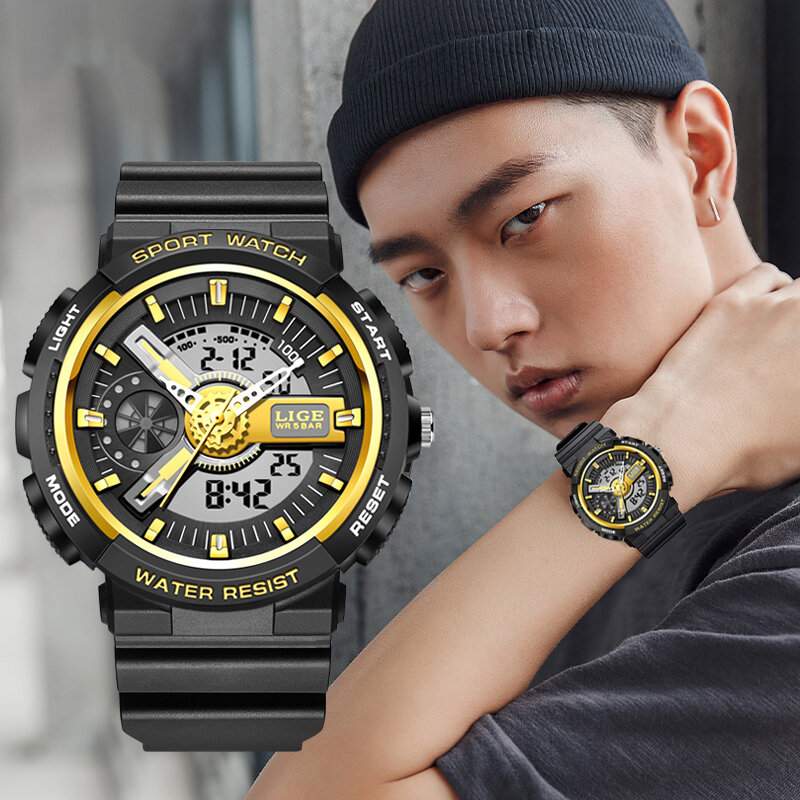 LIGE 새로운 스포츠 남성 시계 석영 디지털 듀얼 디스플레이 손목 시계 방수 알람 크로노 그래프 최고 브랜드 럭셔리 시계, 남성용 2021