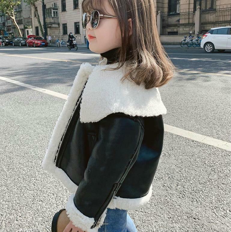 Baby Girl And Boys Pu Leather Jacket Children Thicker Warm Lambswool Oufit Winter New Leather Coats For 2-8Y Kids Jacket Wz484