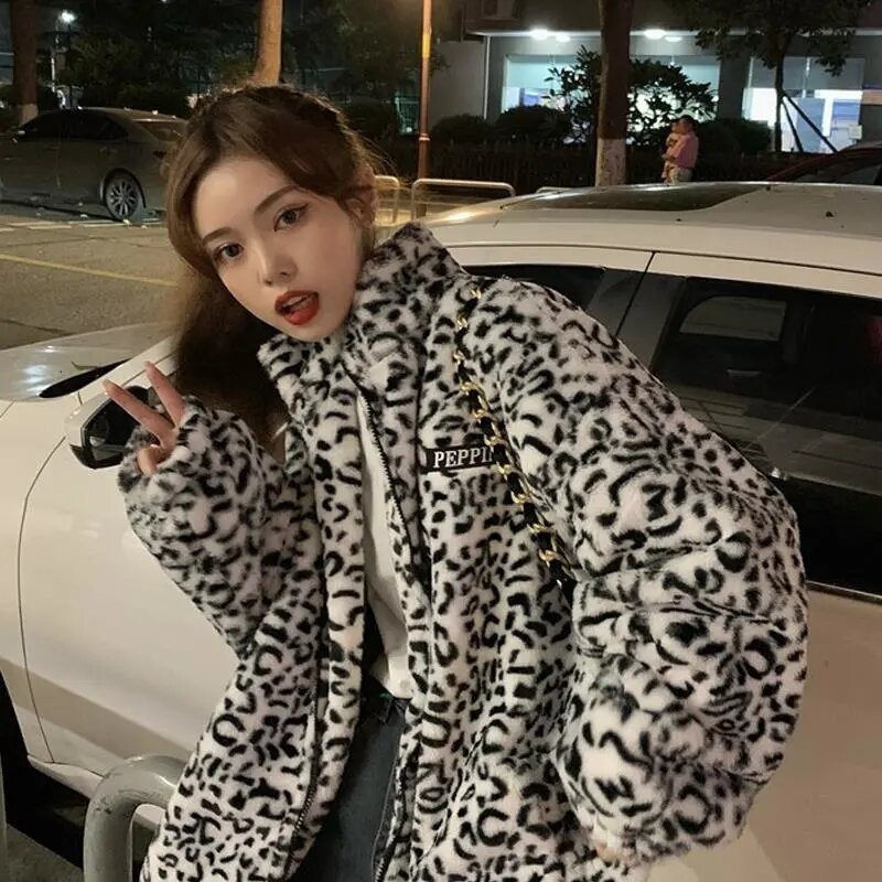 Moda leopardo curto peludo jaqueta das mulheres 2021 outono inverno manter quente casaco de pele do falso mulher coreano turn-down collar casacos de pelúcia