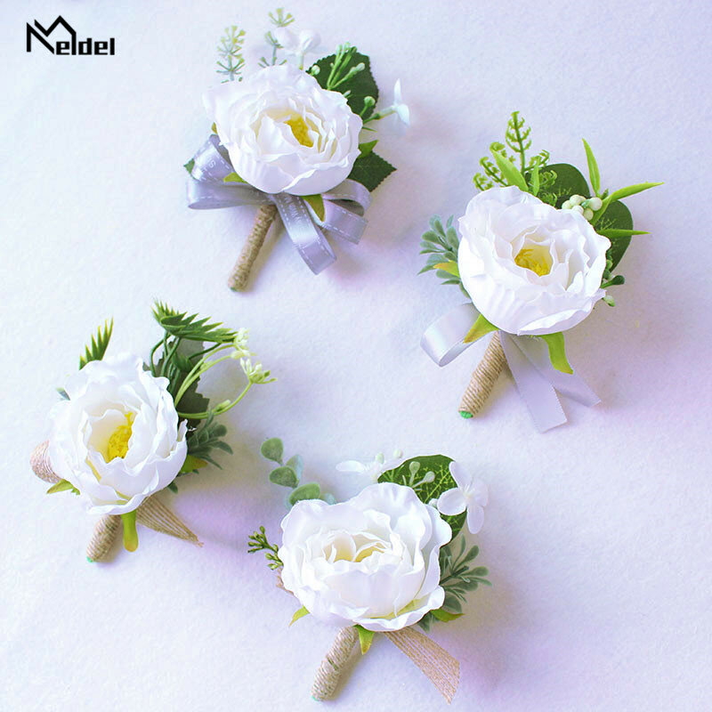 Meldel Artificial Roses Silk Groom Boutonniere Flower Wedding Corsages and Boutonnieres Bridesmaids Brooches Mariage Accessories