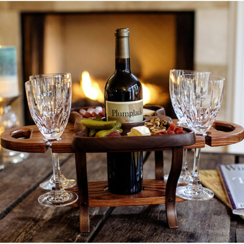 Przenośny drewniany stół piknikowy uchwyt do przenoszenia składane na zewnątrz winny stół wymienny lampka do wina uchwyt składany stół owoce taca na przekąski