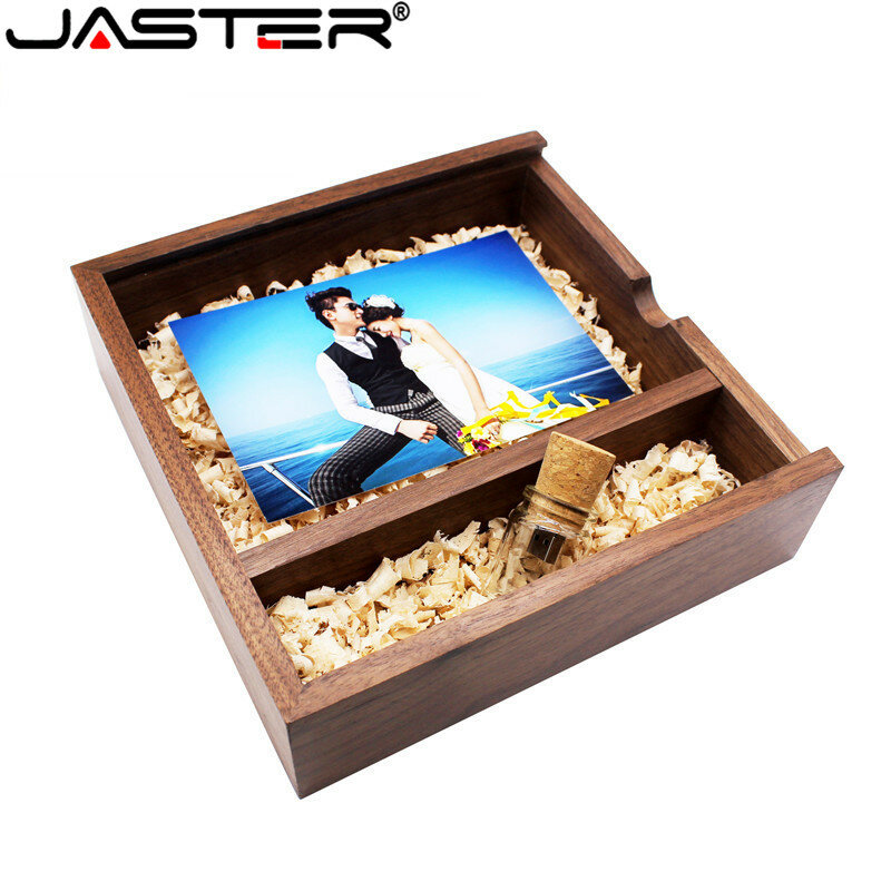 Jaster pendrive de madeira usb, caixa de flash drive para álbum de fotos, usb 2.0, diy, logotipo gravado, garrafa de memória de casamento, presente em massa
