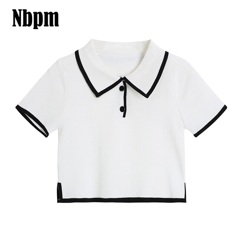 Crop Top Female Polo Collar T-Shirts Summer Short Sleeve T-shirt Women's Vintage Clothes Slim Knit Top Cropped Tees Fashion 2021