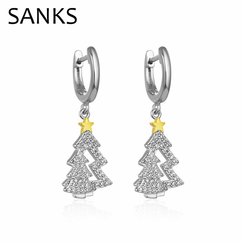 SANKS – boucles d'oreilles tendance en forme d'arbre de noël pour femmes et filles, en zircone cubique, accessoires de fête