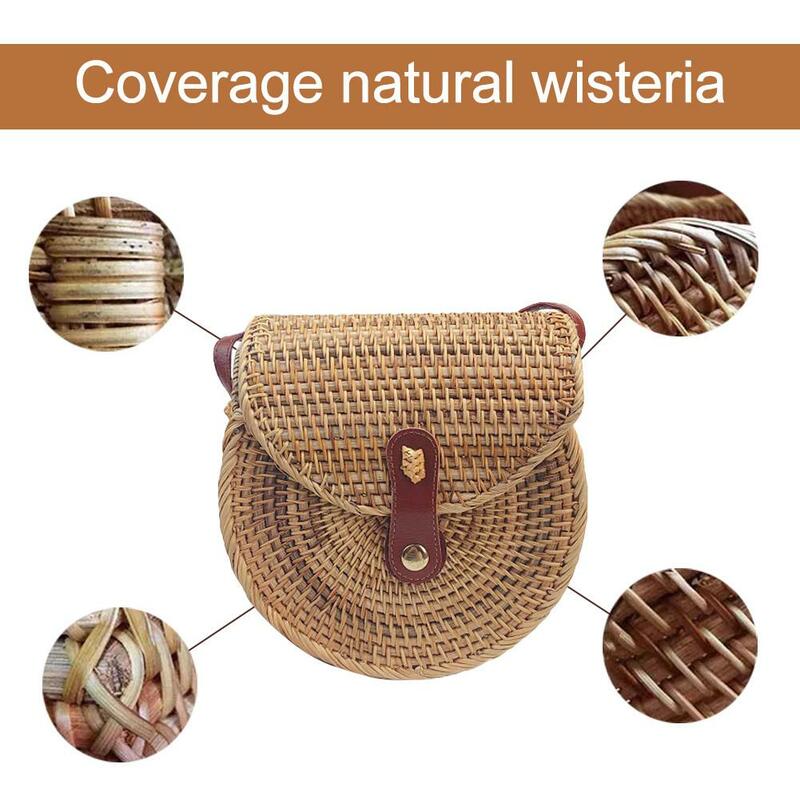 Shoulder Bag Rattan Hand-Woven Beach Leather Snap Fastener Straw Cross-Body Travel Shopping Female Tote Wicker Bags