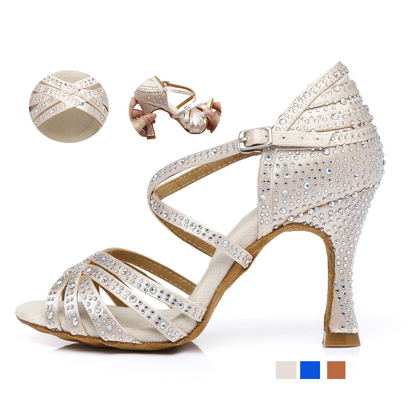 Zapatos de baile latino con diamantes de imitación para niña, calzado de baile de Salsa de Bachata de tacón alto blanco para fiesta, boda, zapatos de salón para mujer