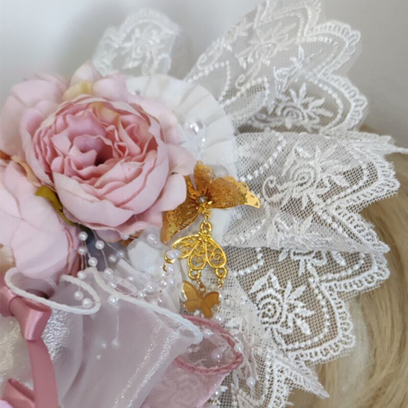 2021 vendita calda Lolita pizzo cappello di perle donne retrò rete filato nappa tornante fiocco fiore Cosplay Tea Party cofano accessori per capelli