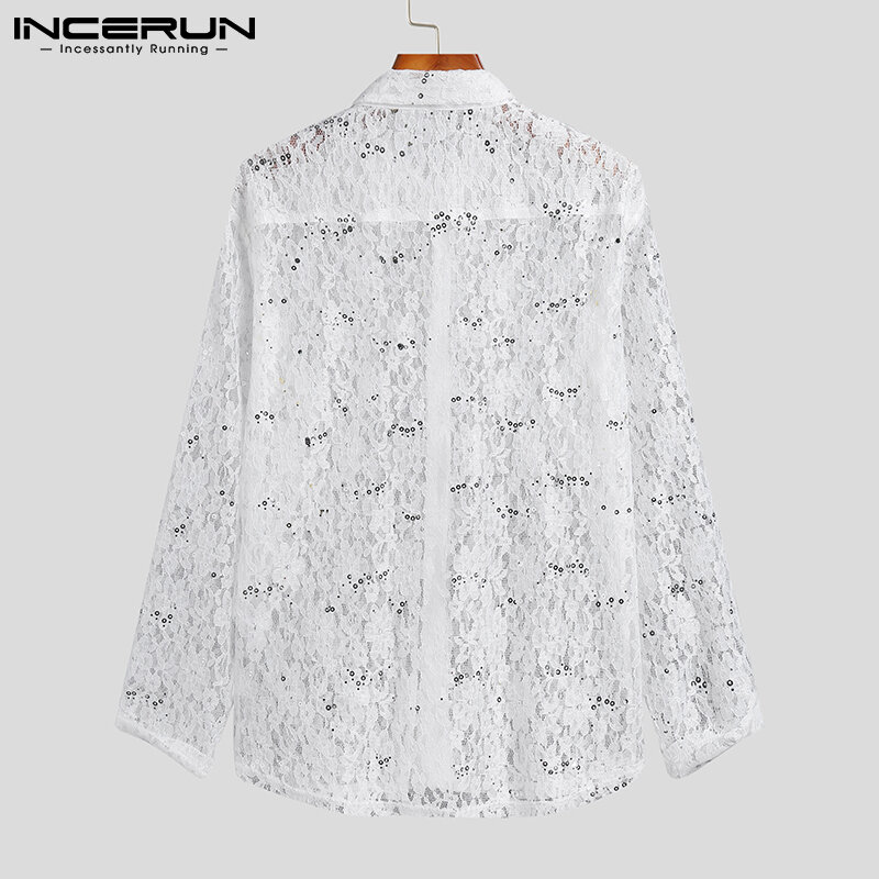 INCERUN 탑 유행 남성 셔츠 모든 경기 간단한 레저 남성 인쇄 캐주얼 Streetwear 레이스 스티치 블라우스 S-5XL 2021