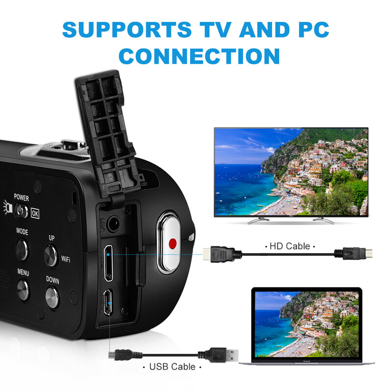 2.7K 비디오 카메라 디지털 캠코더, 3.0 인치 터치 스크린 30MP 16X 디지털 줌 지원 와이파이 카메라 FHD 비디오 캠코더