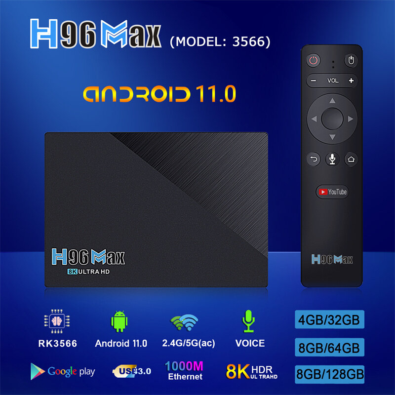 LEMFO-Dispositivo de TV inteligente H96 Max, decodificador con Android 11, RK3566, 8K, 8GB de RAM, 64GB de ROM, cuatro núcleos, 64GB, Wifi 2021, Google Voice, enchufe europeo
