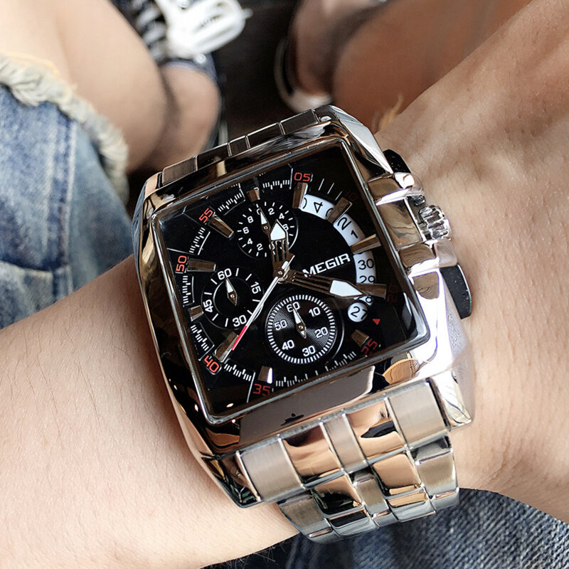 MEGIR männer Große Zifferblatt Luxus Top Marke Quarz Armbanduhren Kreative Business Edelstahl Sport Uhren Männer Relogio Masculino