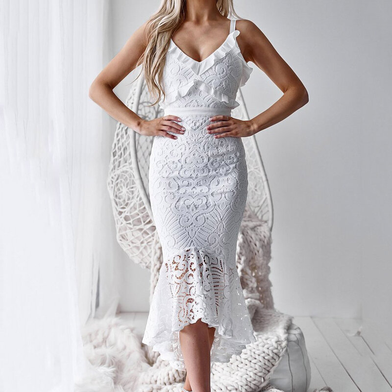 Dressv Prom Dresses Mermaid White Lace Hollow Ruffles Spaghetti Strap Asymmetric Stringy Selvedge Sleeveless V-Neck Prom Dresses