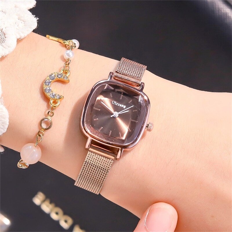 Часы наручные женские в стиле ретро, модные роскошные квадратные стальные с сетчатым браслетом, розовое золото, Прямая поставка
