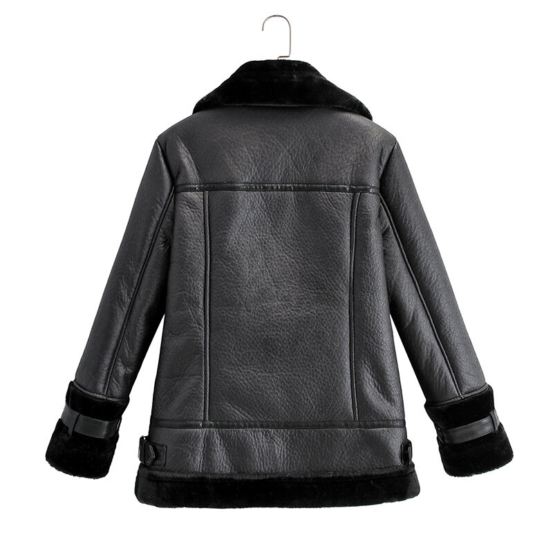 Ailegogo – manteau en Faux cuir souple Pu femme, veste en fourrure de peau de mouton noir et blanc, vêtement d'extérieur d'aviateur, Casaco Feminino, automne hiver