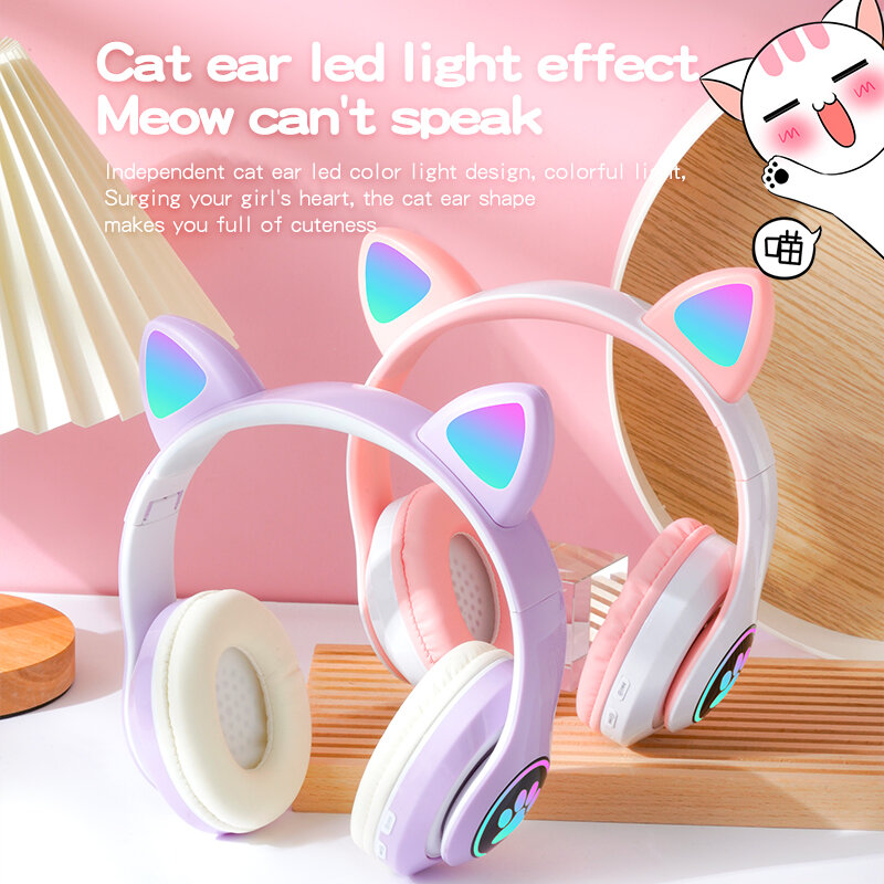 Auriculares Bluetooth con orejas de gato para niños y niñas, cascos inalámbricos con Flash LED, con música, tarjeta TF, para videojuegos, con micrófono, regalo