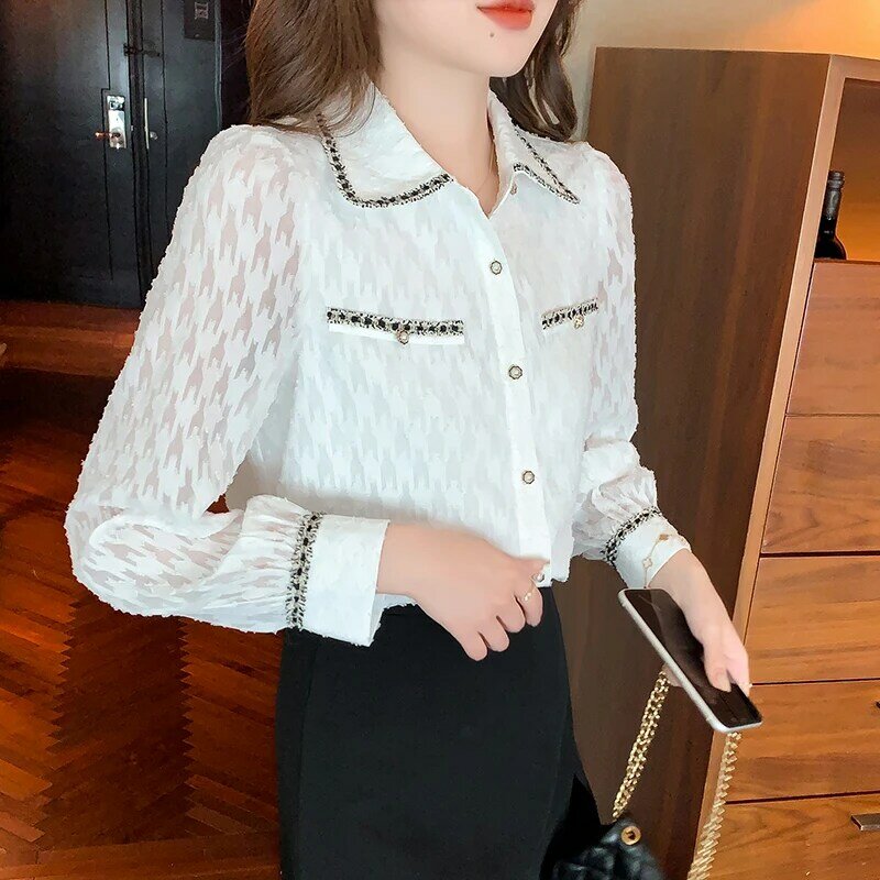 Branco chiffon camisas das mulheres blusas 2021 outono moda botão acima da camisa de manga longa blusa sólida elegante feminino topos