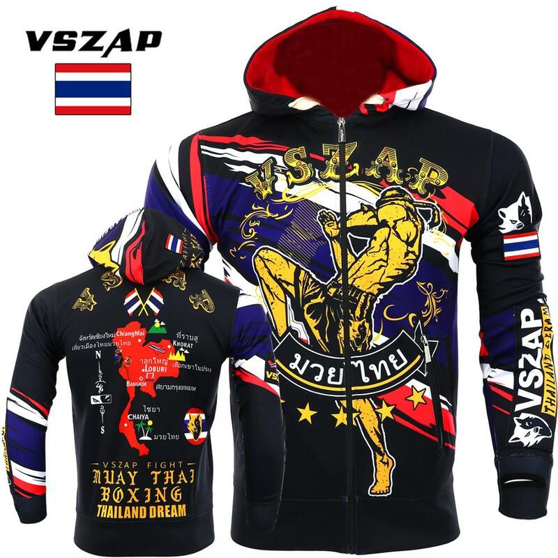 VSZAP-ملابس الملاكمة لخريف المواي تاي ، سترة القتال بغطاء للرأس مع سحاب ، سترة تدريب الملاكمة التايلاندية والكيك بوكسينغ