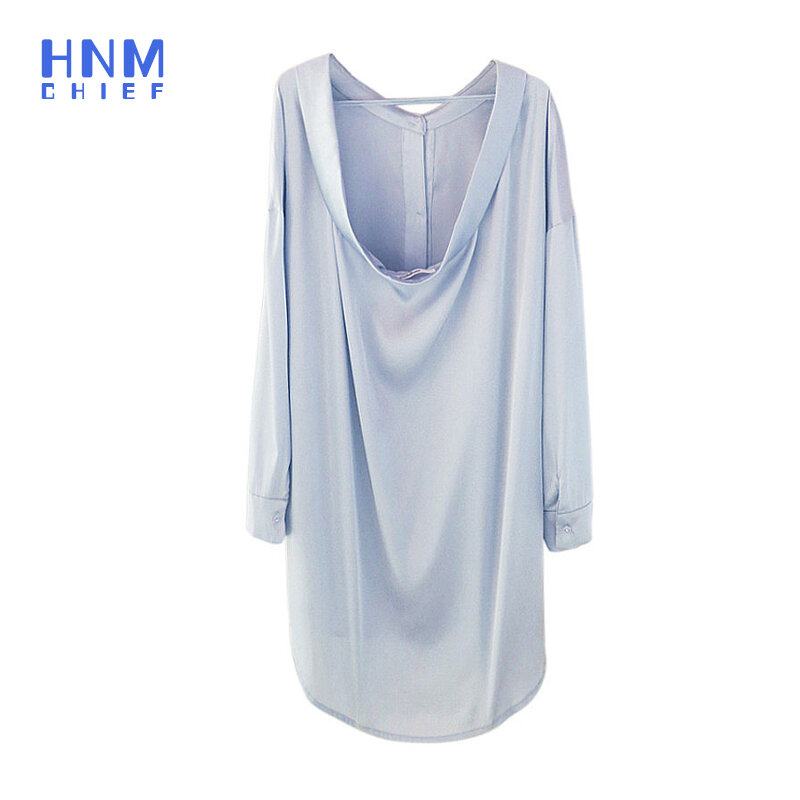 HNMCHIEF Blue Sexy Backless Sleepshirts Women Button Lingerie Dress Long Sleeve Blouse Robe Femme Silk Satin Sleepwear