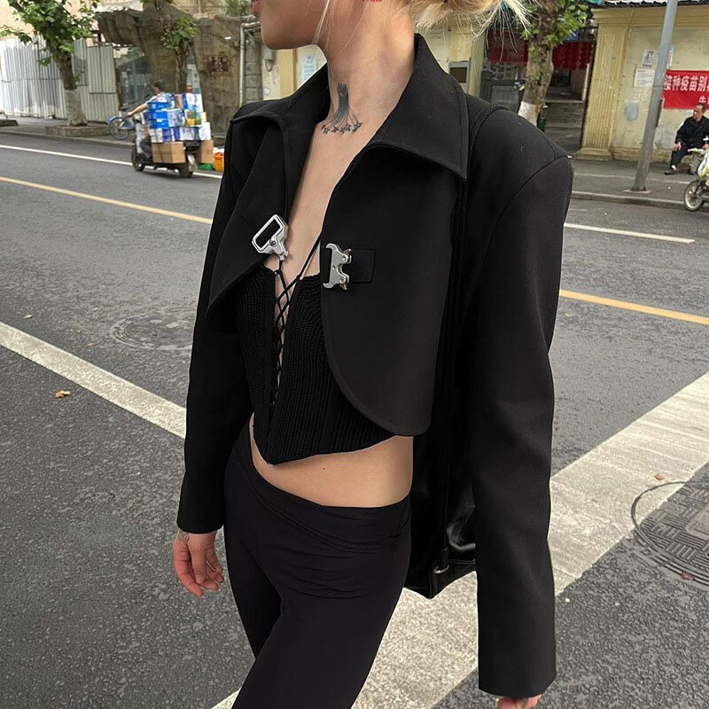New 2021 Autumn Fashion Short Black Jacket Solid Cardigan Loose Schoolbag Buckle Suit African Fall Jacket For Women