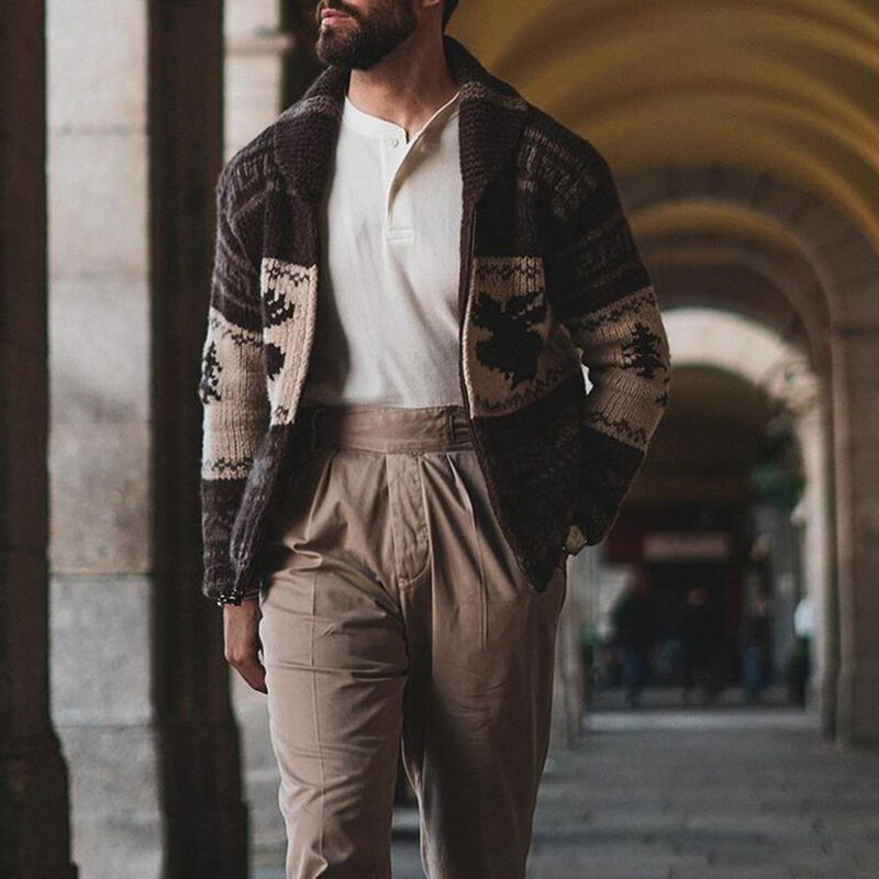 2021 outono inverno novos homens casual camisola moda zíper manga longa lapela estilo ocidental tricô cardigan jaqueta