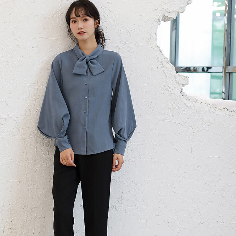 Blusa informal de manga larga con lazo para Mujer, Camisa lisa Retro con lazo azul y Beige para oficina, otoño e invierno, 2021