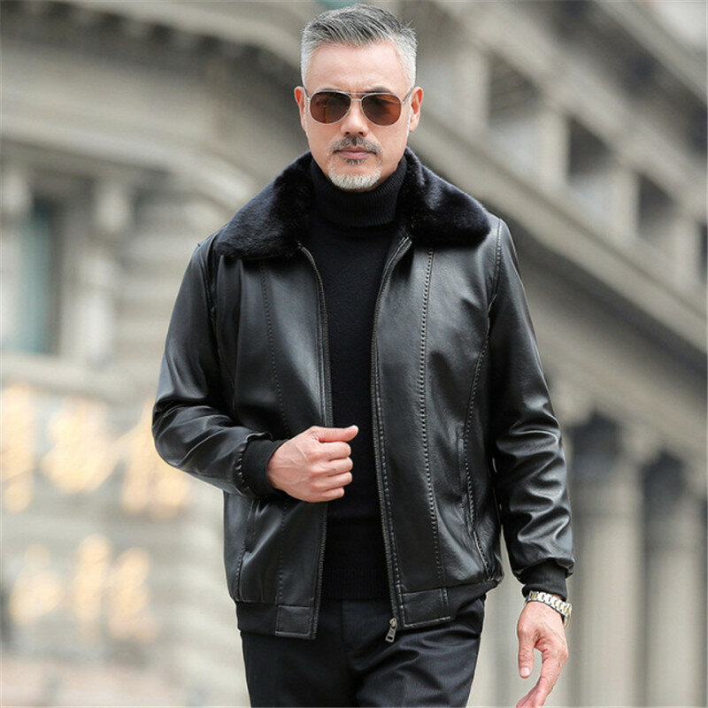 Winter New arrival Casual Motor Distressed Leather Jacket fur Coat Men Winter Vintage Outwear Faux Leather Jackets Daddy gift