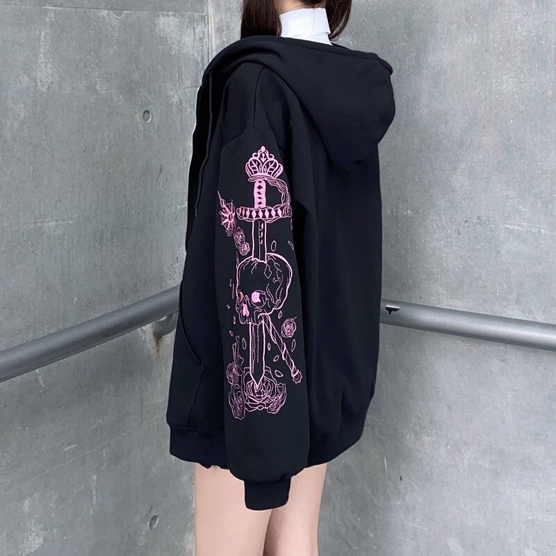 ใหม่ Y2k ความงาม Hip Hop Hoodies ผู้หญิงขนาดใหญ่เสื้อแจ็คเก็ต Zip-Up Goth Harajuku Grunge Punk Zipper Streetwear Coat หญิง