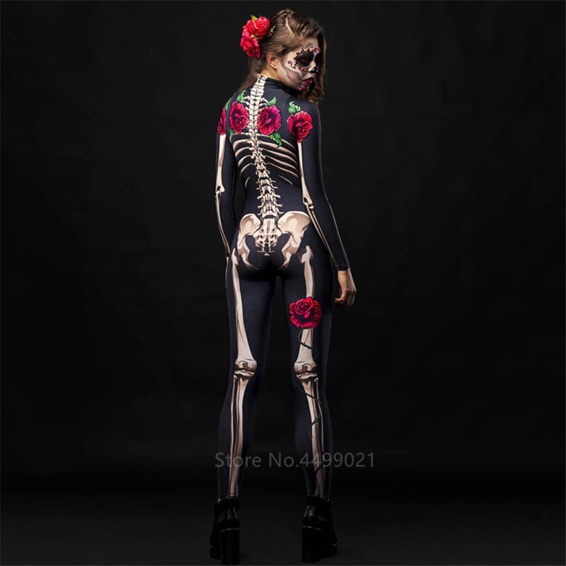 Costume effrayant avec squelette de Rose pour adultes et enfants, combinaison de carnaval Sexy pour Halloween, Cosplay, fête, bébé fille, barboteuse le jour des morts