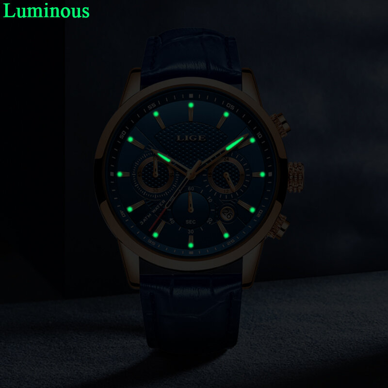 Часы наручные LIGE мужские с хронографом и автоматической датой, брендовые водонепроницаемые кварцевые спортивные, синие, с кожаным ремешком, 2022