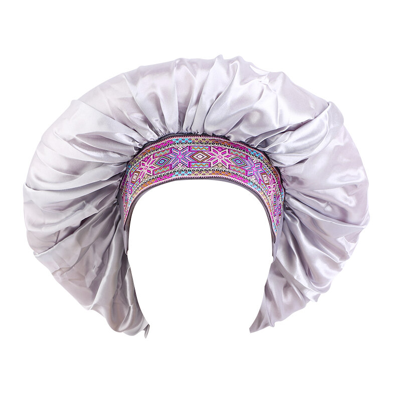 New Ethnic Style Satin Bonnet With Wide Elastic Band Soild Color Bohemian Women's Headwear Hair Care Chemo Cap Soft Headcover