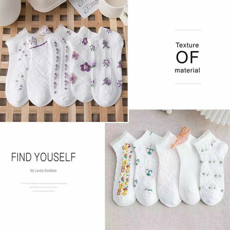 5 pairs Embroidered Crew Cotton Women Socks 2021 Thin section Autumn Winter New Trend Cartoons Flowers Fashion Style Socks Women