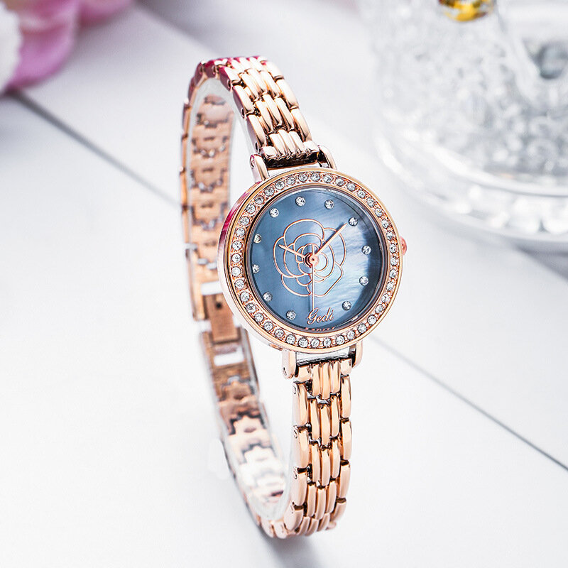 Relógio de pulso feminino dourado e de aço inoxidável, relógio de cristal e diamantes, para mulheres, presente, 2021