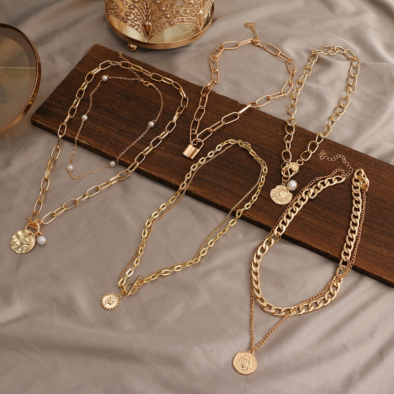 ZOVOLI Vintage Multi strato blocco ritratto perla rotonda moneta pendenti collane per le donne boemia chiave d'oro cuore gioielli lunghi