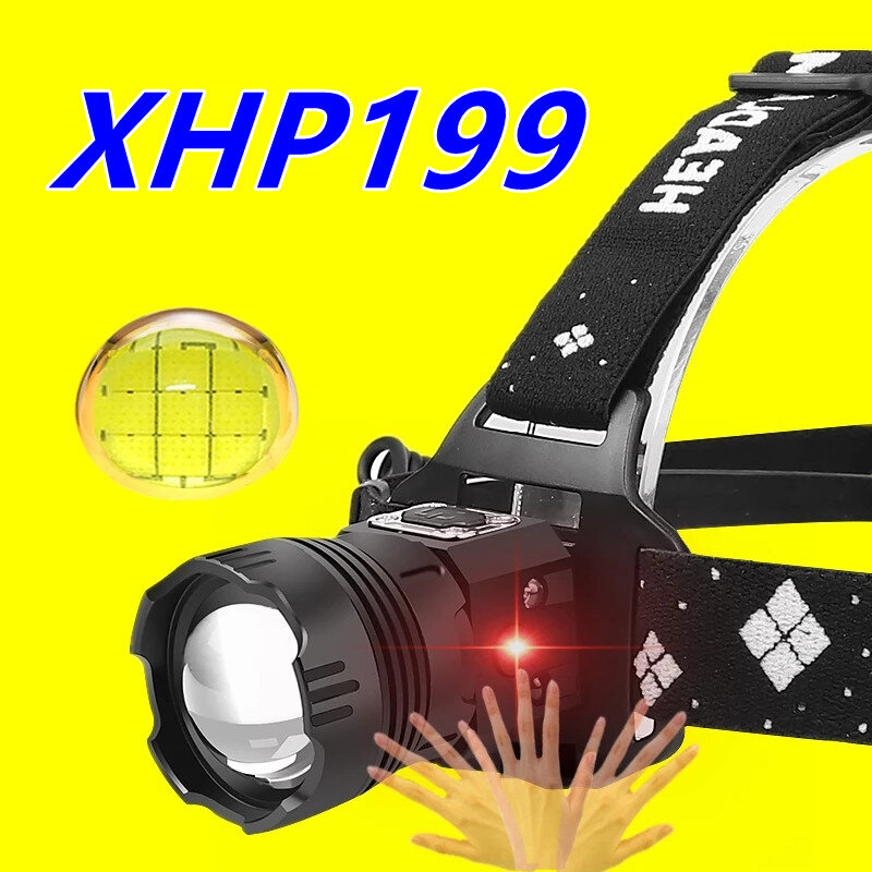 Xhp199 lanterna de cabeça poderosa xhp110, farol usb de 400000lm recarregável, lanterna de cabeça com 5200mah, luz de indução