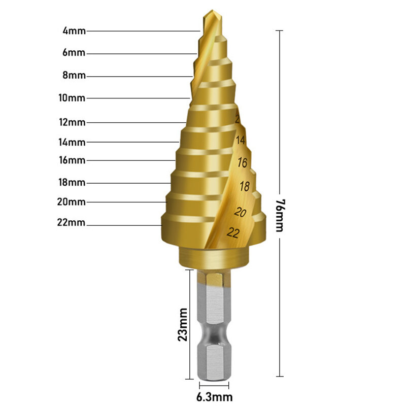 Bocado de broca sextavado da etapa do pagode da pata de popolle4241 4-22mm espiral revestida titanium fluted bocado de broca de madeira de aço de alta velocidade do metal